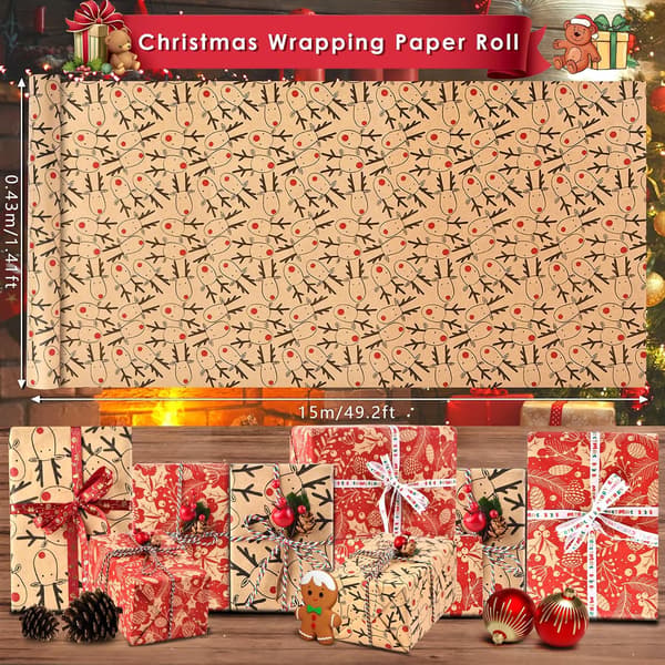 Ruller Kraft Julegavepapir, 43cm×3m Resirkulerbart Gavepapir med Fine Mønstre for Barnepresentinnpakning