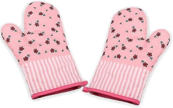 Varmebestandige ovnsvotter for grilling, baking og matlaging - foret med bomull, 1 par (rosa blomst)