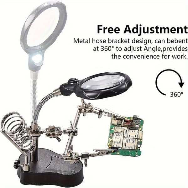 LED-lampe med forstørrelsesglas 3,5X/12X Rustfrit stålramme Forstørrelsesglas Loddestation til svejsning og reparation