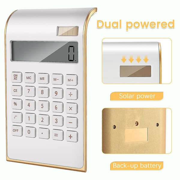 Calculator, Slim Elegant Design, Office/Home Electronics, Dual Powered Desktop Calculator, Solar Power, 10 Digits, Angled LCD Display, Tilted Design