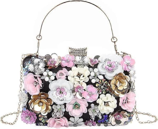 Kvinder Elegance Blomstret Aften Taske Clutch Tasker Blomster Perler Bryllup Tote Tasker Brude Skuldertasker Håndtasker (Sort)