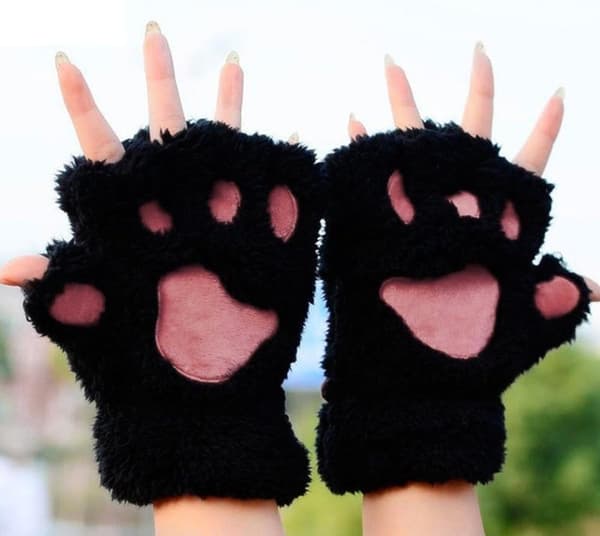 Vinter Katt Vantar Svarta Varma Plyschhandskar med Halvfinger Vante