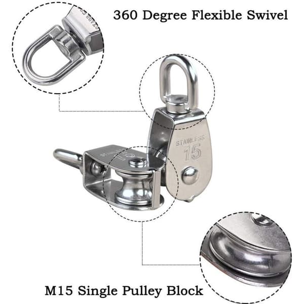 M15 304 Stainless Steel Single Pulley, 15MM Single Pulley Roller Blocks, Crane Swivel Hook Smooth Wire Rope Load 35kg (12 pcs).