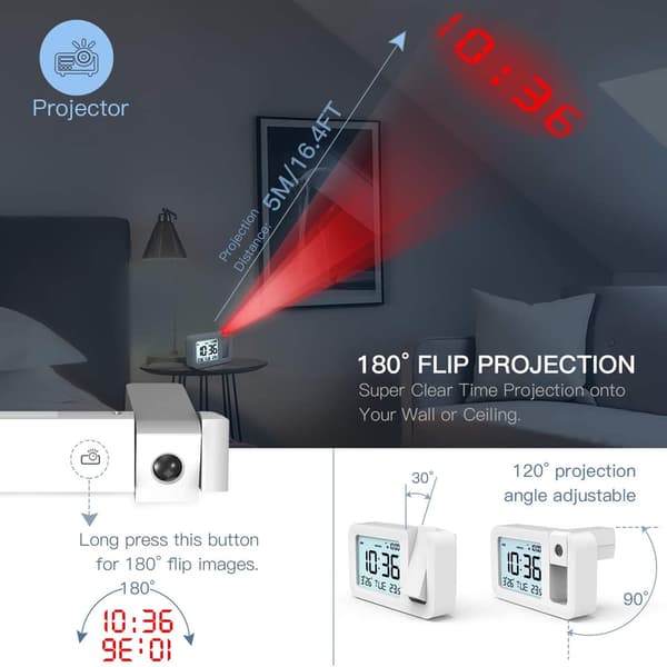 White LED Digital Projection Alarm Clock With Temperature, Date, and Day of the Week Display
