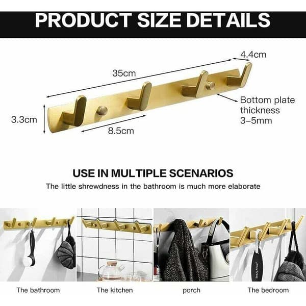 Wall Mounted Coat Rack with 4 Hooks for Bathroom Bedroom Kitchen Hallway Towel Hanger Gold