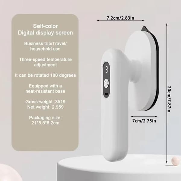 Wireless Mini Iron & Steamer, USB Rechargeable, Ceramic Soleplate, 3 Heat Settings LED – White