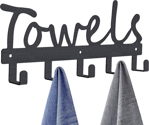 Towel Bar 5 Towel Hooks Wall Mounted Towel Rack Black Metal Towel