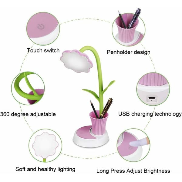 Solros Penneholder Bordlampe USB-Lading Soverom Kontor LED Sovesal Studenter Øyebeskyttelse Rosa Bordlampe
