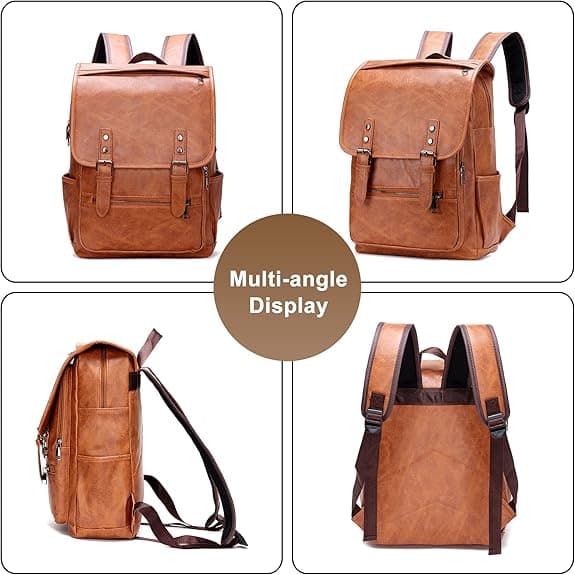Vintage PU Leather Men's Backpack, Large Capacity Bookbag, 15.6 inch, Light Brown