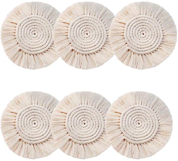 Absorberende Coasters, Varmebeskyttende Måtte Macrame Coasters Boho Boligindretning til Miljøvenlige Coasters, Sæt med 6
