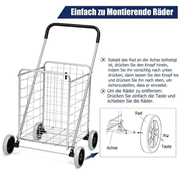 Sammenleggbar handlekurv med hjul, sølv, 45 kg kapasitet