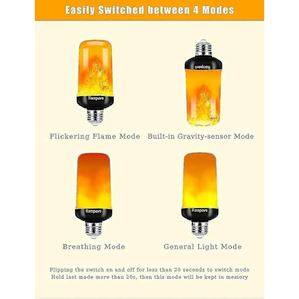 [Upgraded] LED Flame Effect Light Bulb, 4 Modes Flickering Light Bulbs, E26/e27 Base Flame Lamp, Christmas (2 Pack)