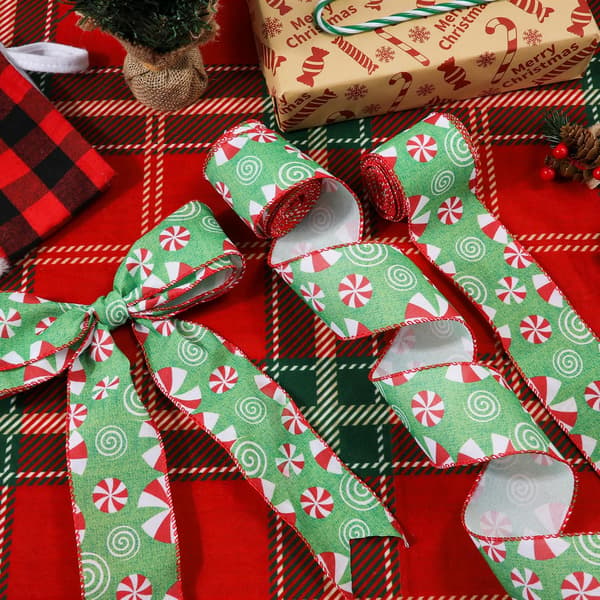 Ruller Trådbundet Julebånd (Grøn Baggrund), 2,5\" Bred Mint C