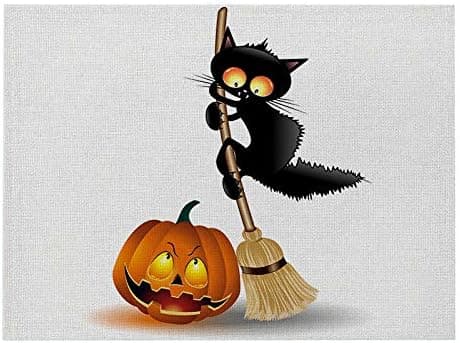 Sæt med 4 farvede 10 Halloween-dækkeservietter i bomuld og hør - Kat på