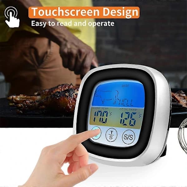 Digitalt kødtermometer med touchskærm, rustfri stålsonde, timer og baggrundsbelyst LCD til grillning, bagning, ovn, sortgrå