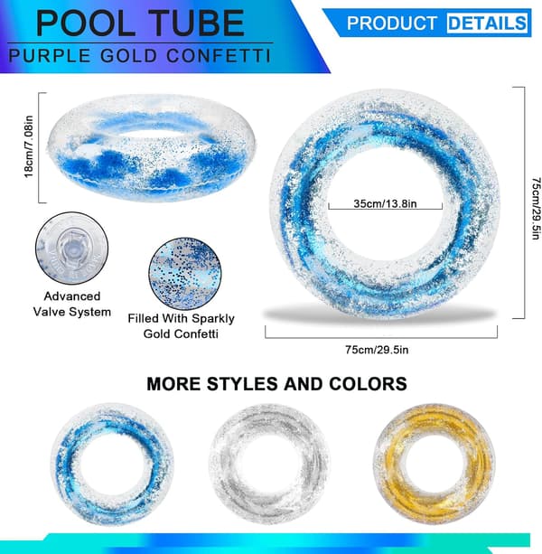 Swimming Ring for Adults, Inflatable Swimming Pool Float Ring with Sequins, Transparent Floating Ring Rainbow Sequins Swimming Ring