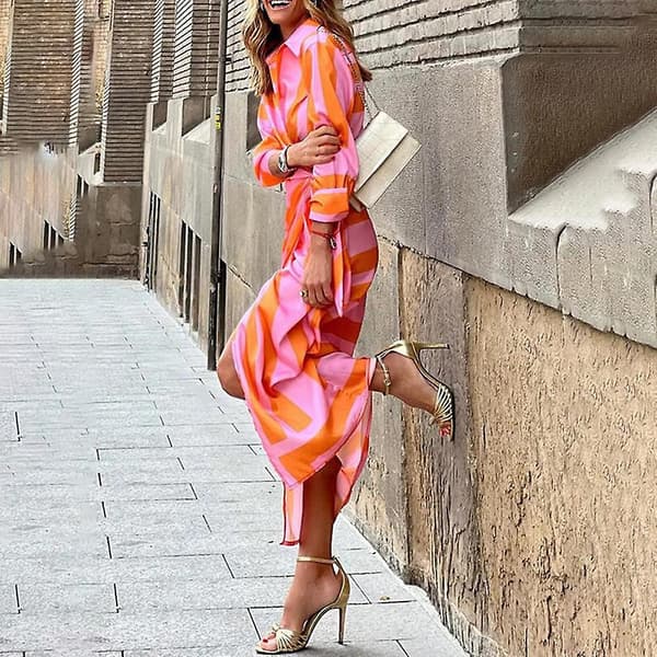 Dame Plus Size Langærmet Trykt Revers Slips Skjorte Slå-om Midikjole (Orange og Pink S)