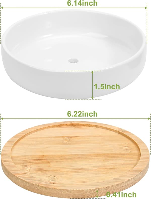 Ceramic Flower Pot with Bamboo Tray Indoor Plant Pot Round Planter 16x16cm-FY-