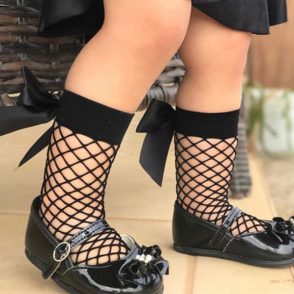 Piger Strømpebukser med Sløjfe og Fiskenet Design Søde Bløde Åndbare Mid-Calf Strømpebukser til 3 til 12 År Gamle Børn