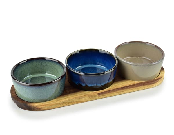 Serveringsbræt i træ og porcelæn Allesken MODERN KITCHEN 28x9,5x1,2 cm 8,5x8,5x4 cm Grå/Blå/Grøn 3 dele