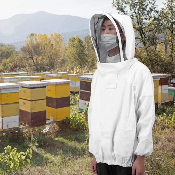 Beekeeping Protective Jacket with Veil, Bee Suit, Blouse with Double Zippers, Beekeeping Accessories, White