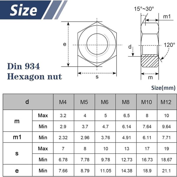 M8 Mutter (DIN 934 / ISO 4032) Rustfritt Stål M8 Mutter 50 Stykker Rustfrie Sekskantmuttere for Skruer, Bolter og Muttere, Metrisk Gjenge