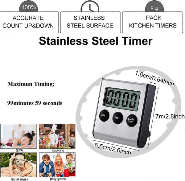 Køkkentimer, Digital Køkkentimer Magnetisk Nedtælling Køkkentimer med Høj Alarm Rustfrit Stål Timer til Madlavning