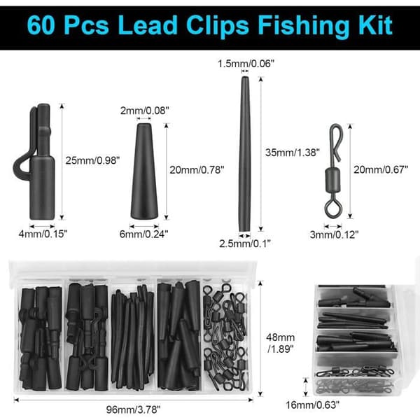 60 stk. karpe-blyclips, med anti-tangle sleeves, tail rubbers og quick change svirvler