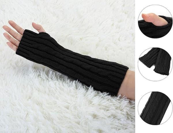 Sorte håndledsvarmere, lange strikkede fingerløse handsker, varme vinterærmer, unisex til udendørs brug