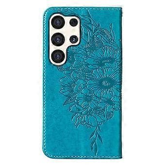 YB Imprinting Series-4 Compatible Case for Samsung Galaxy S24 Ultra Leather Flip Wallet Case with Strap (Blue)