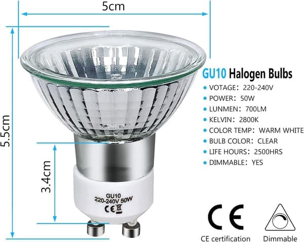 GU10 halogenlampa 50W dimbar, 220V GU10 halogenlampa 2 stift, 2800K