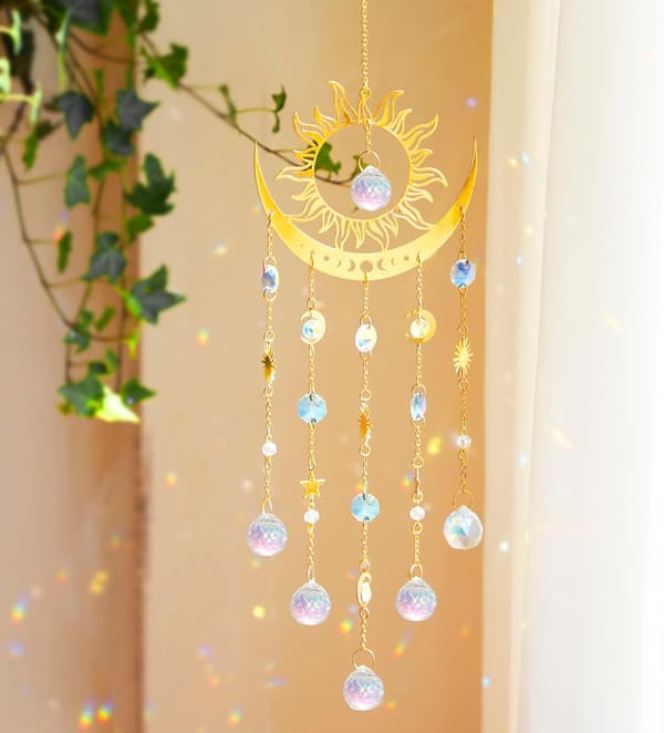 Sun Catcher Wind Chimes with Large Sun & Moon Prisms for Window Hanging Decor Prism Sun Prism Sun