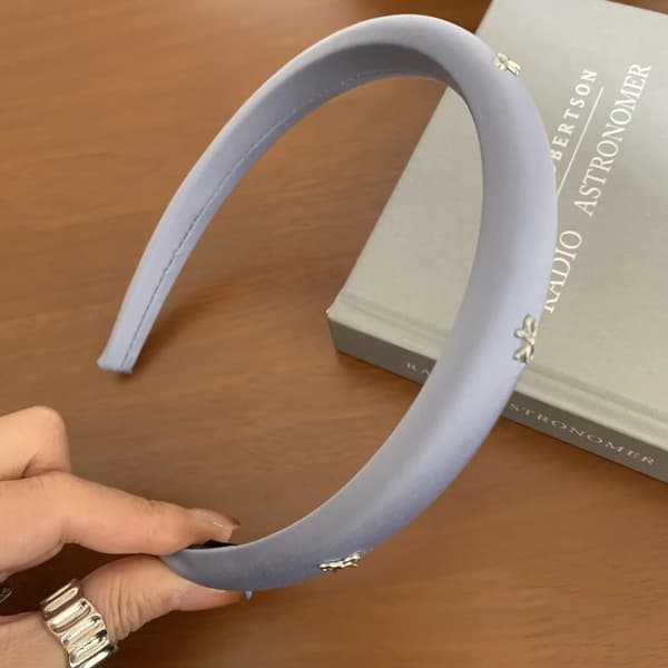 Light Dust Blue Satin-Wrapped Thin Headband With Silver Mini Bow Charms Soft Comfortable Handmade Accessory For Women Girls Daily Styling