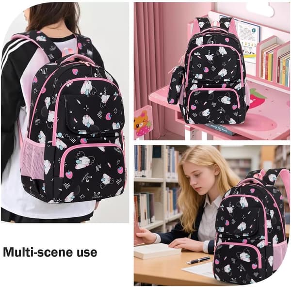 Elementary School Backpack 2-piece Lightweight Breathable Cute Cartoon Pencil Case Girls School Backpack Black