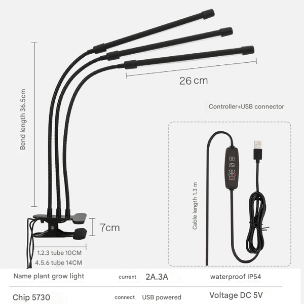 3-färgs växtlampa/växtbelysning med flexibelt LED-lysrör, 1-pack, 5 rör, lämplig för växttillväxt. 5 rör 5 tubes