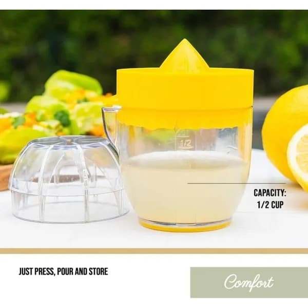 Lemon Squeezer with Built-in Strainer, 1/2 Cup Capacity, Graduated Container, Pour Spout, BPA-Free