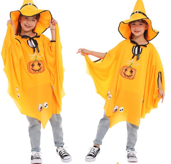 (Gul) Halloween-heksekappe for barn med hatt - Hudvennlig