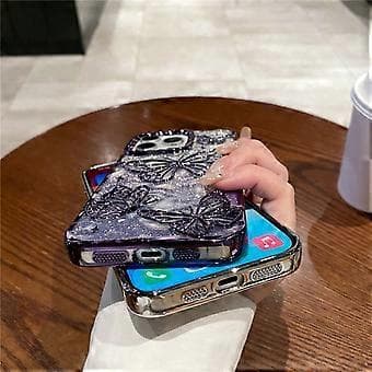 Kompatibelt deksel til iPhone 16 Pro 3D Sommerfugl TPU Telefondeksel med Gradient Glitterpapir (Blå)