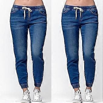 Dame Casual Elastisk Midje Jeansbukser Jogging Denim Joggebukser (S Mørkeblå)