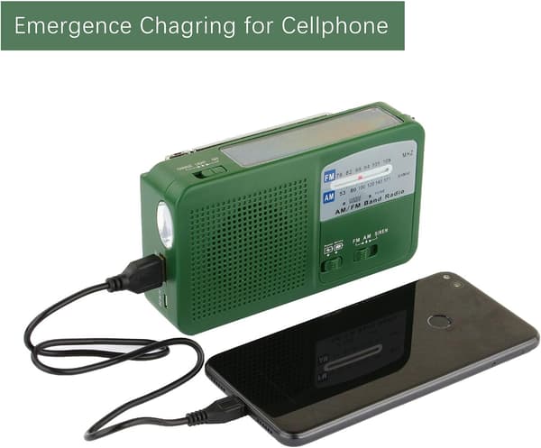 Bærbar Nødradio med Solcellepanel, Håndsveiv og Selvoppladende USB-Batteri - Grønn