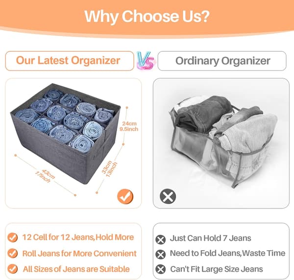 Wardrobe Organizer Clothes Storage Boxes - 12 Cells Foldable Closet Shelf Drawer Divider for Jeans, Pants 1 Pack 1 Pack