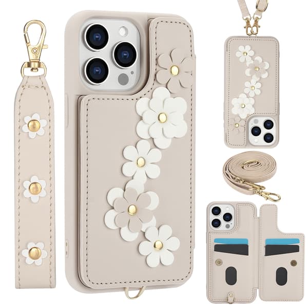 iPhone 16 Pro Max Pung Etui med Kortholder & Rem, Blomsterdesign [JUN]