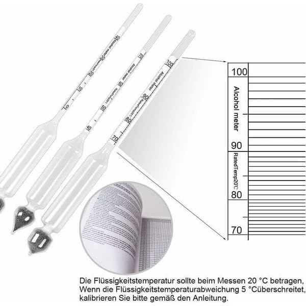 Professional alcohol meter/alcohol scale set with 3 hydrometers (0-100%) and thermometer (0-50°C) for measuring alcohol in spirits