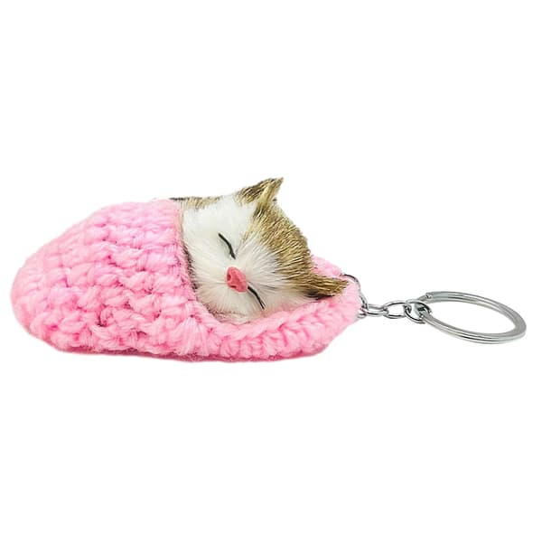 Søt sovende tøffel katt plysj nøkkelring - rosa pink