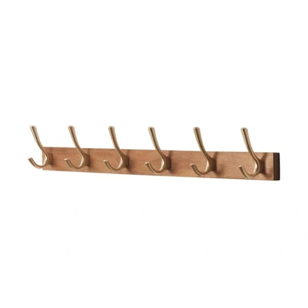 Trævægophæng, 6 massive trækroge, træknagerække, trævægkrog (66 cm)