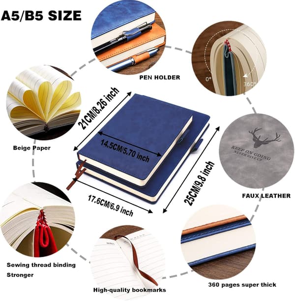 Notesbog A5, Journal A5 Notesblok Notesbog, 360 sider Hardcover Journal Notesbøger med penløkke til kontorskole Hom blå blue