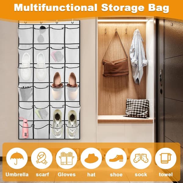 Hanging Shoe Rack - with 24 Mesh Pockets & 4 Hooks - Over-the-Door Storage Rack - Storage Pockets