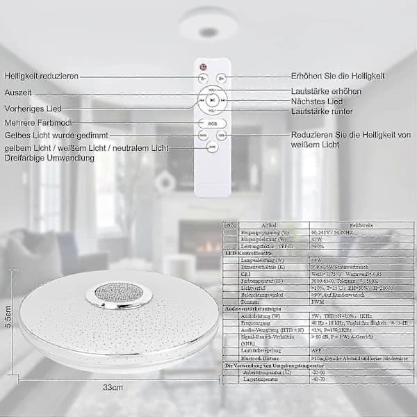 36W LED Ceiling Light with Bluetooth Speaker, Dimmable RGBW Remote and App Control for Bedroom Kitchen Living Room