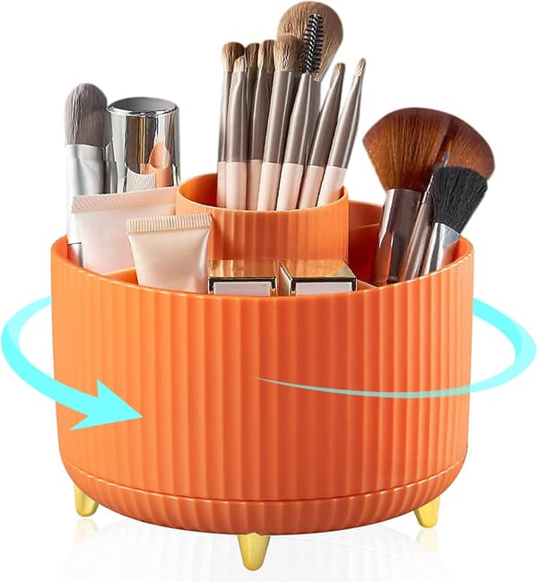 360° Rotating Makeup Organizer Makeup Brush Holder with 5 Compartments for Dressing Table Bedroom Bathroom Office Orange Orange