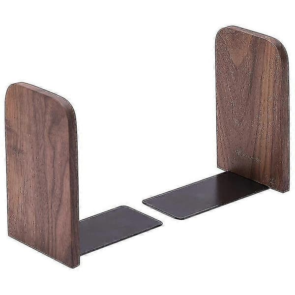 Bokstöd Set om 2, Valnötsträ och Metallbas Kraftiga Halkfria Bokstöd för Kontor Hemmaskrivbord, Mörk Valnöt